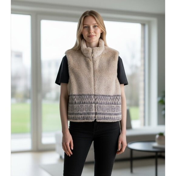 Mondi Jackets & Blazers - Mondi Escada Beige Faux Fur Vest Geometric Print Zip Front Winter Chic Size 42